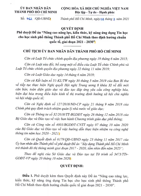 Ho Chi Minh City’s People Committee Decision on the Master Plan to Enhance ICT knowledge for students in Vietnam